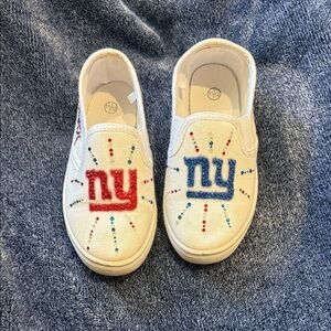 Kids White Slip-On Sneakers with New York Giants Red and Blue Accents